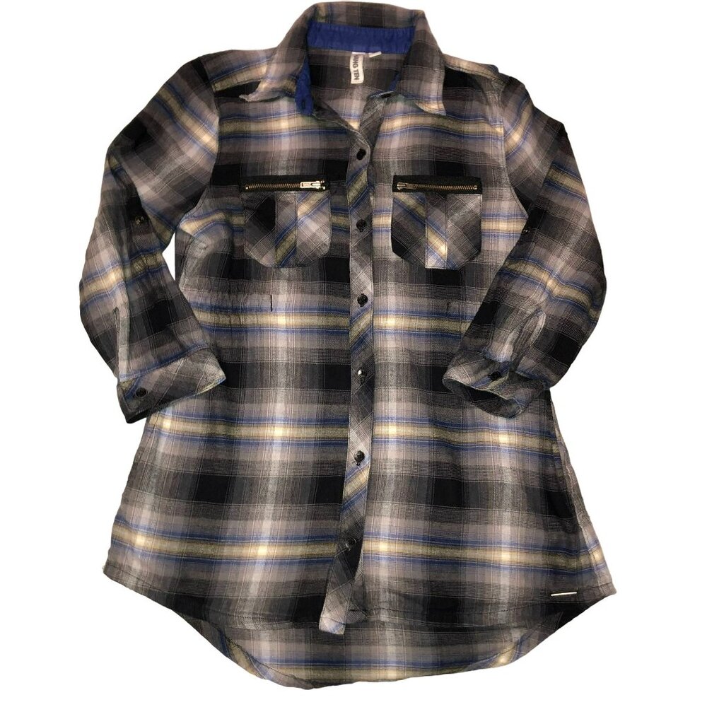 Hang Ten Gray Plaid Shirt Sz XS Tie Back Surfer Skater Roll Tab Sleeve Womens